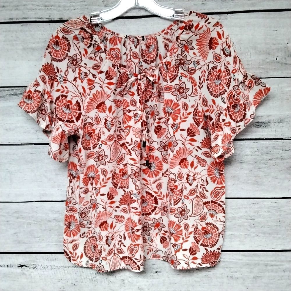 W5 Concepts Blouse Orange Floral Ruffle Sleeve Tie Front Sz M Cottagecore